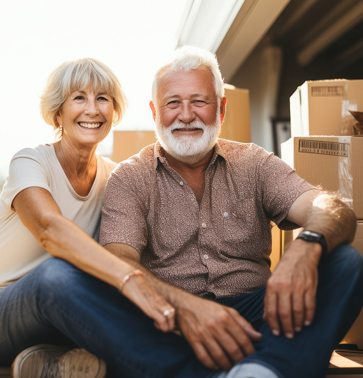 Husband and wife in front of moving boxes image